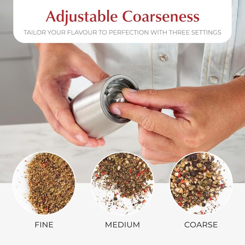 urban noon Gravity Salt and Pepper Grinder Set - Battery Operated Stainless Steel Mills with Light (2 Grinders) - Automatic One Handed Operation - Electric Adjustable Shakers - Ceramic Grinders - Image 5